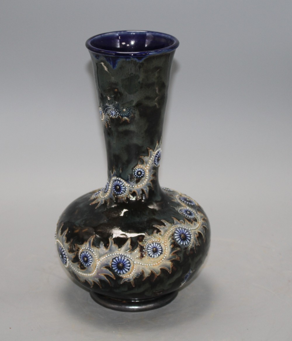 George Tinworth for Doulton Lambeth, a Persian shape bottle vase, dated 1880, 26cm, restored foot